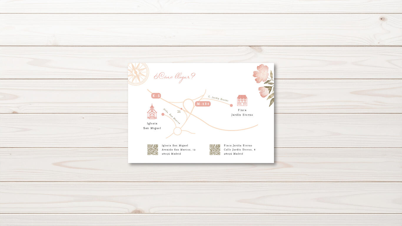 Mapa invitación Coral Imagen del mapa de llegada de la invitación Coral que contiene ilustraciones en tonos coral y verde. El fondo es de madera en color tostado.