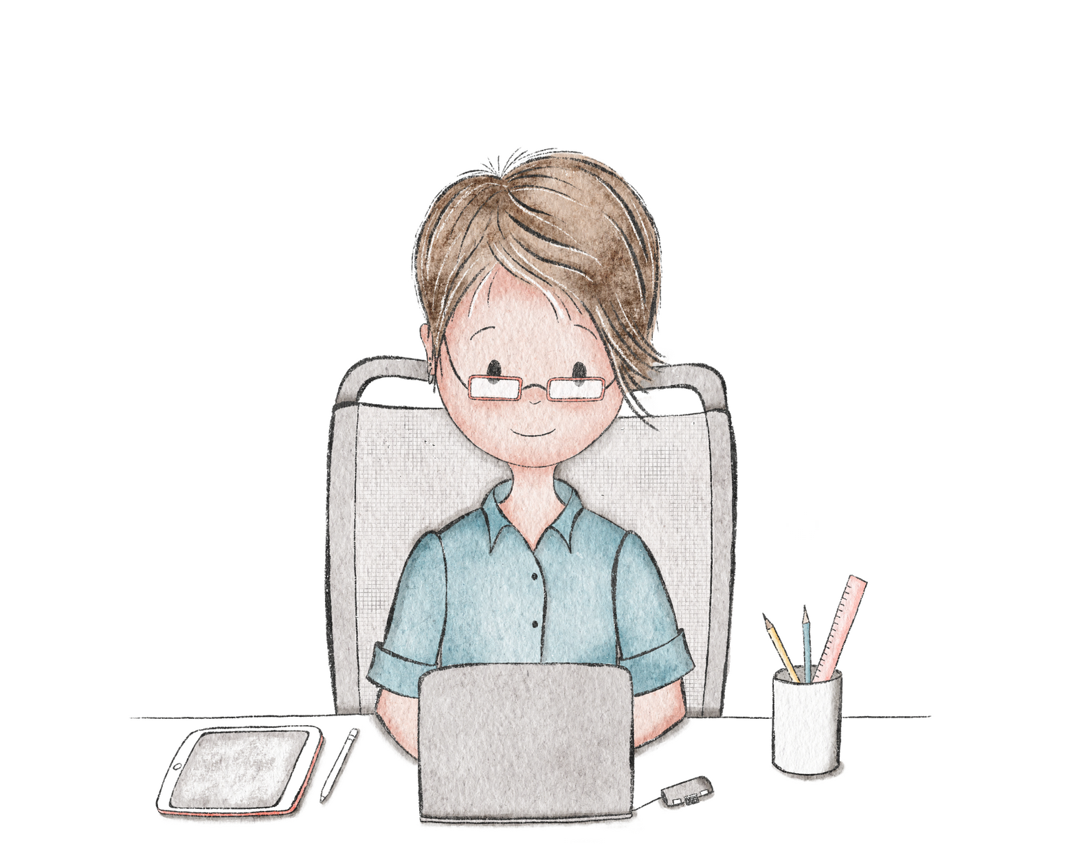 Nagare Ink & Paper en ilustración Ilustración mía en tonos grises y azules principalmente. Estoy sentada en mi escritorio con mi ordenador y accesorios de escritorio