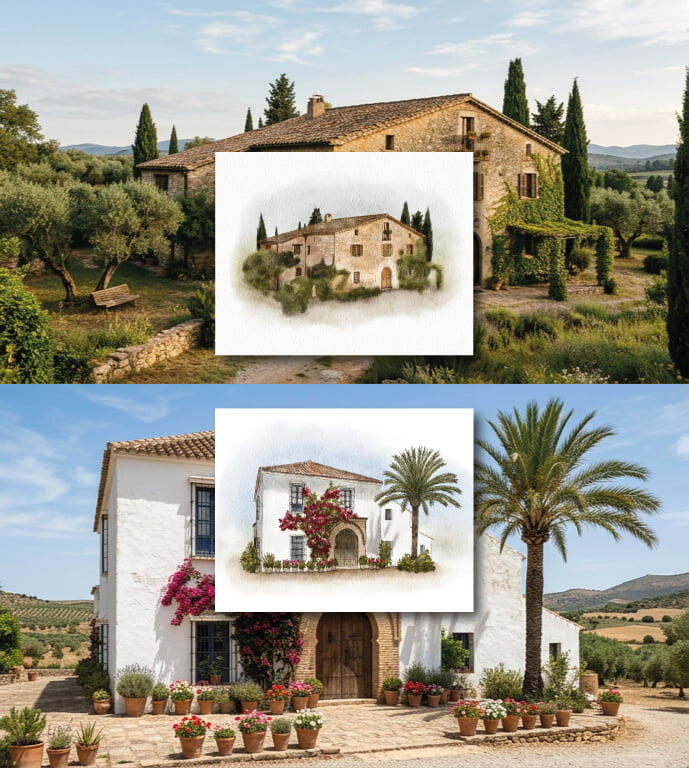 Dos lugares y dos ilustraciones de esos lugares. Uno es una masía catalana y el otro es un cortijo andaluz.